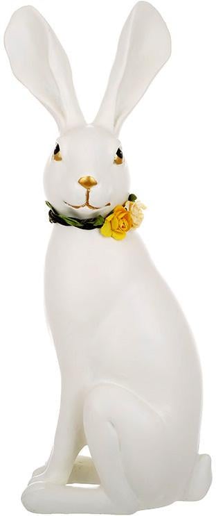 Статуетка декоративна Кролик з жовтими квітами 33 см Білий