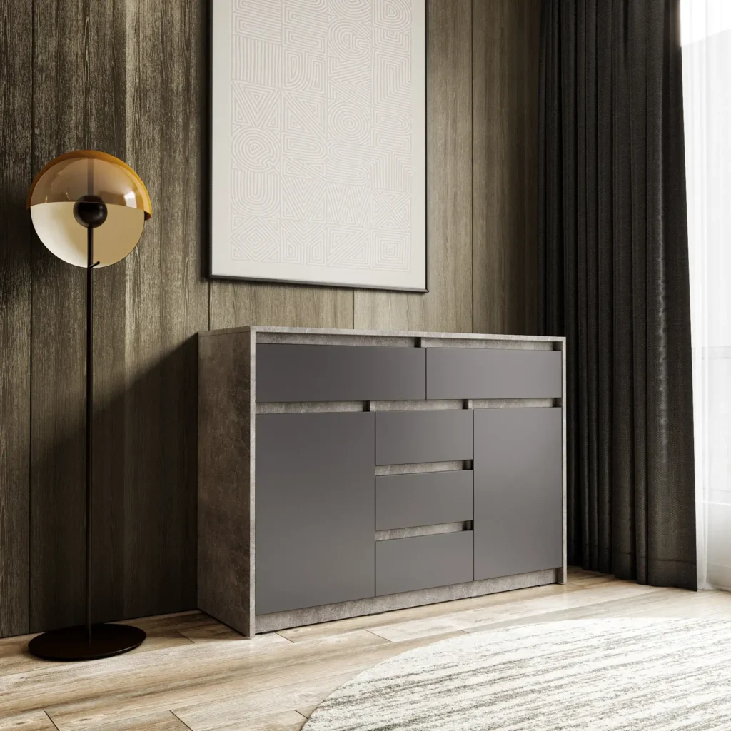 Комод КМД-227 с 5 выдвижными ящиками и дверцами 1270x910x400 мм Бетон/Антрацитовый