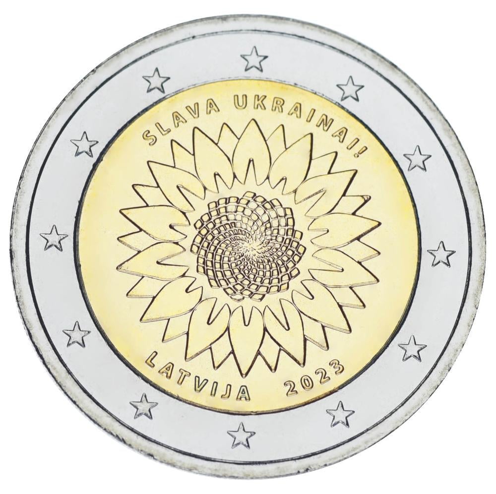 Коллекционная монета Латвия 2 евро 2023 Биметалл UNC Украина Подсолнух (М17752)