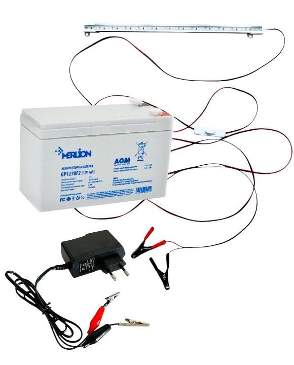 Комплект світлодіодна стрічка Merlion GP1270F2 з крокодилами/акумулятор та зарядний пристрій HD-915 0,7-1,5A 12V (20121648435)