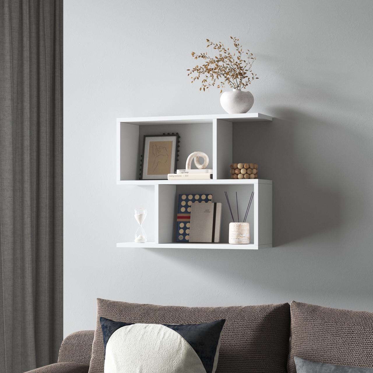 Полиця навісна для книг та декору на дві секції з ламінованого ДСП 600x520x180 мм Білий (hm-49-wh) Полиця навісна для книг та декору на дві секції з ламінованого ДСП 600x520x180 мм Білий (hm-49-wh)