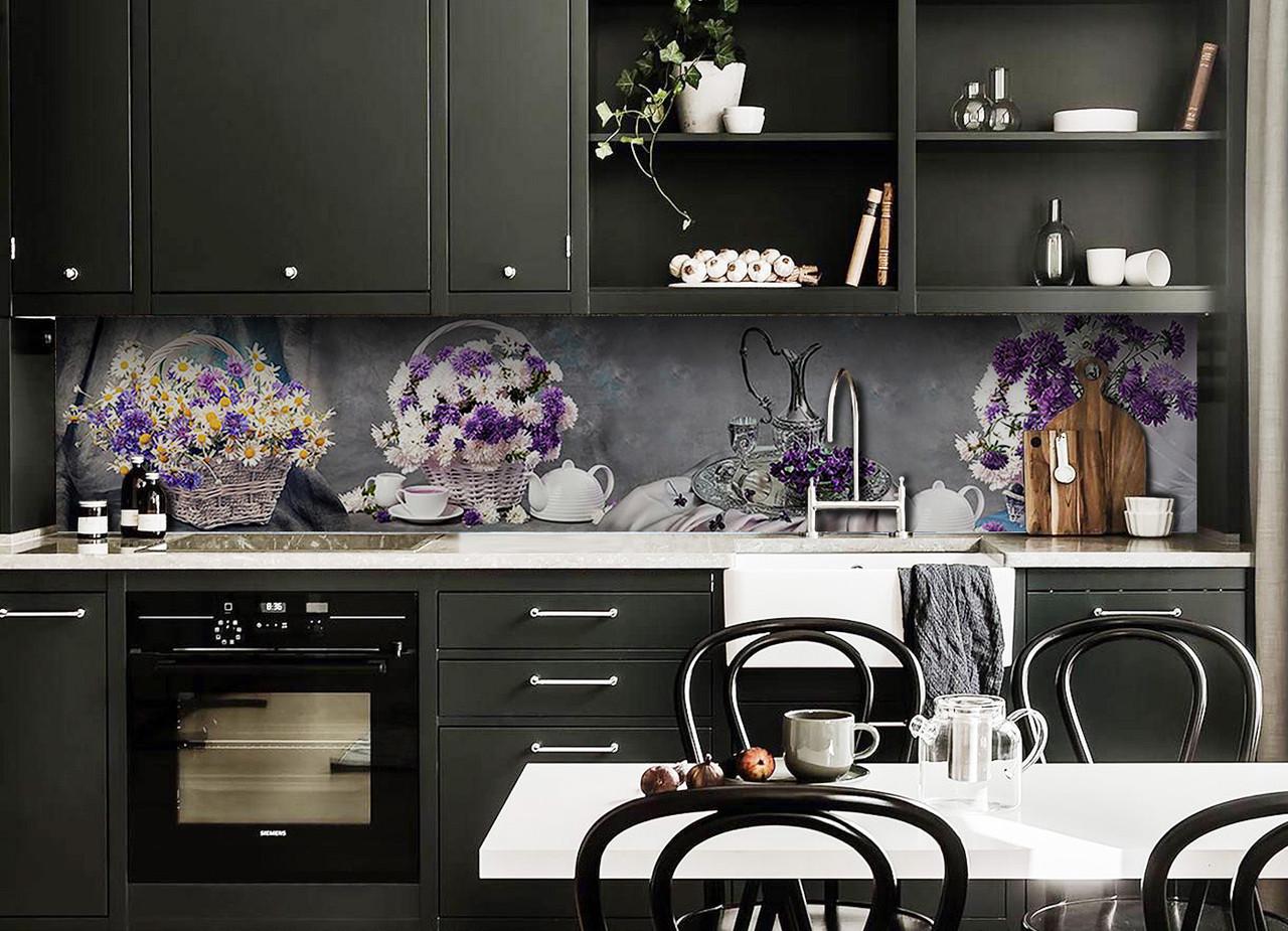 Кухонный фартук Букет хризантем из самоклеющейся виниловой пленки 60х250 см Серый Кухонный фартук Букет хризантем из самоклеющейся виниловой пленки 60х250 см Серый