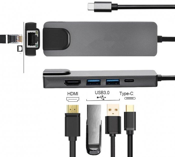 USB-хаб концентратор RJ45+HDMI+2xUSB 3.0 Xo 5в1 Type-C металлический (c025cb51) - фото 3