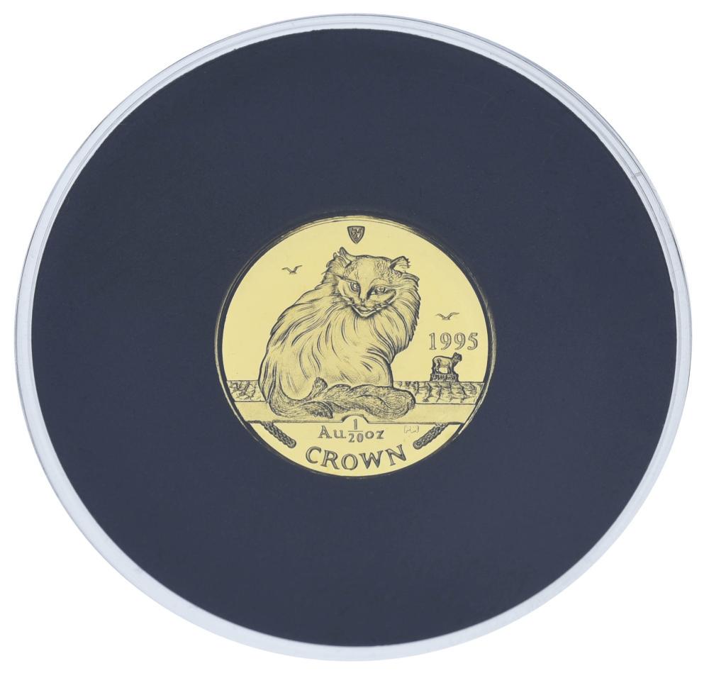 Коллекционная монета Остров Мэн 1 крона 1995/2008 золото Proof Кот Турецкая Ангора 1/20 унции