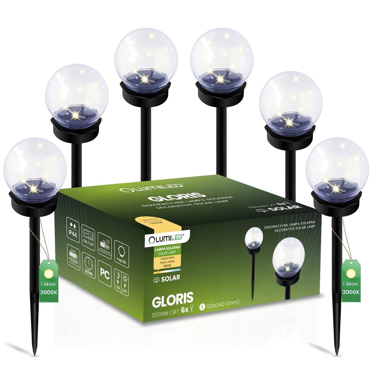 Набор садовых шаров LED 10 см на солнечной батарее Lumiled Gloris 3000К IP44 6 шт. Прозрачный/Теплый свет (33977482)
