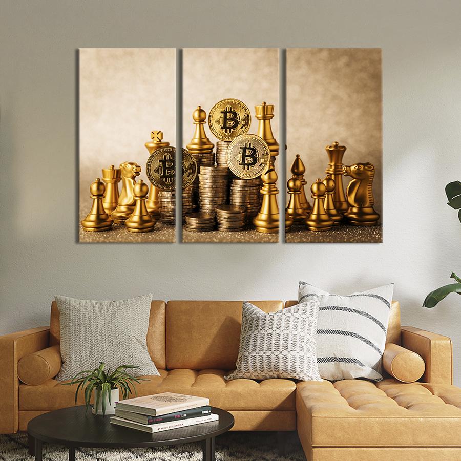 Модульная картина триптих Шахматы и криптовалюта 78x48 см (523-31)