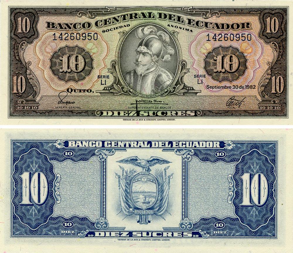 Колекційна банкнота Еквадор 10 сукре 1982 UNC 19824 P114b (Б25558)