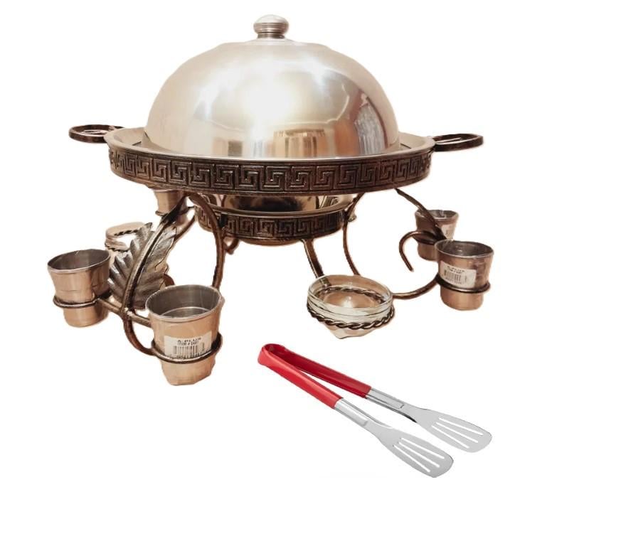Садж для подачи и подогрева шашлыка Фараон 36 см с соусницами/рюмками/кухонными щипцами (7512) Садж для подачи и подогрева шашлыка Фараон 36 см с соусницами/рюмками/кухонными щипцами (7512)