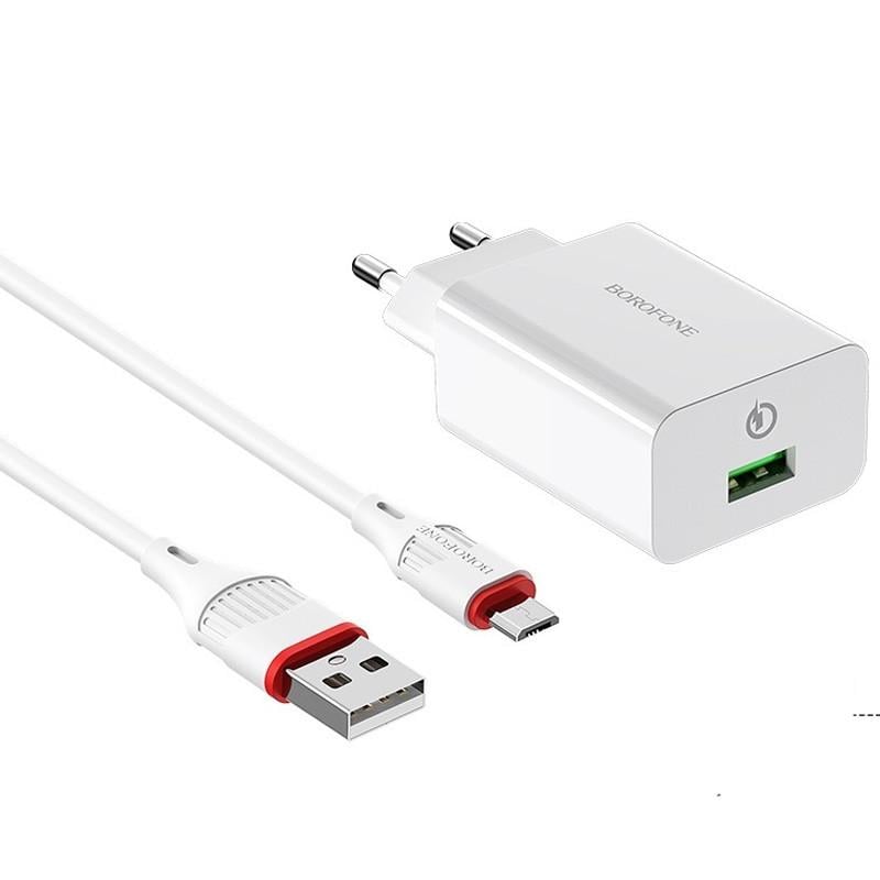 Зарядний мереживний пристрій універсальний Borofone BA21A Long journey QC3.0 1USB/3A з кабелем MicroUSB White Зарядний мереживний пристрій універсальний Borofone BA21A Long journey QC3.0 1USB/3A з кабелем MicroUSB White