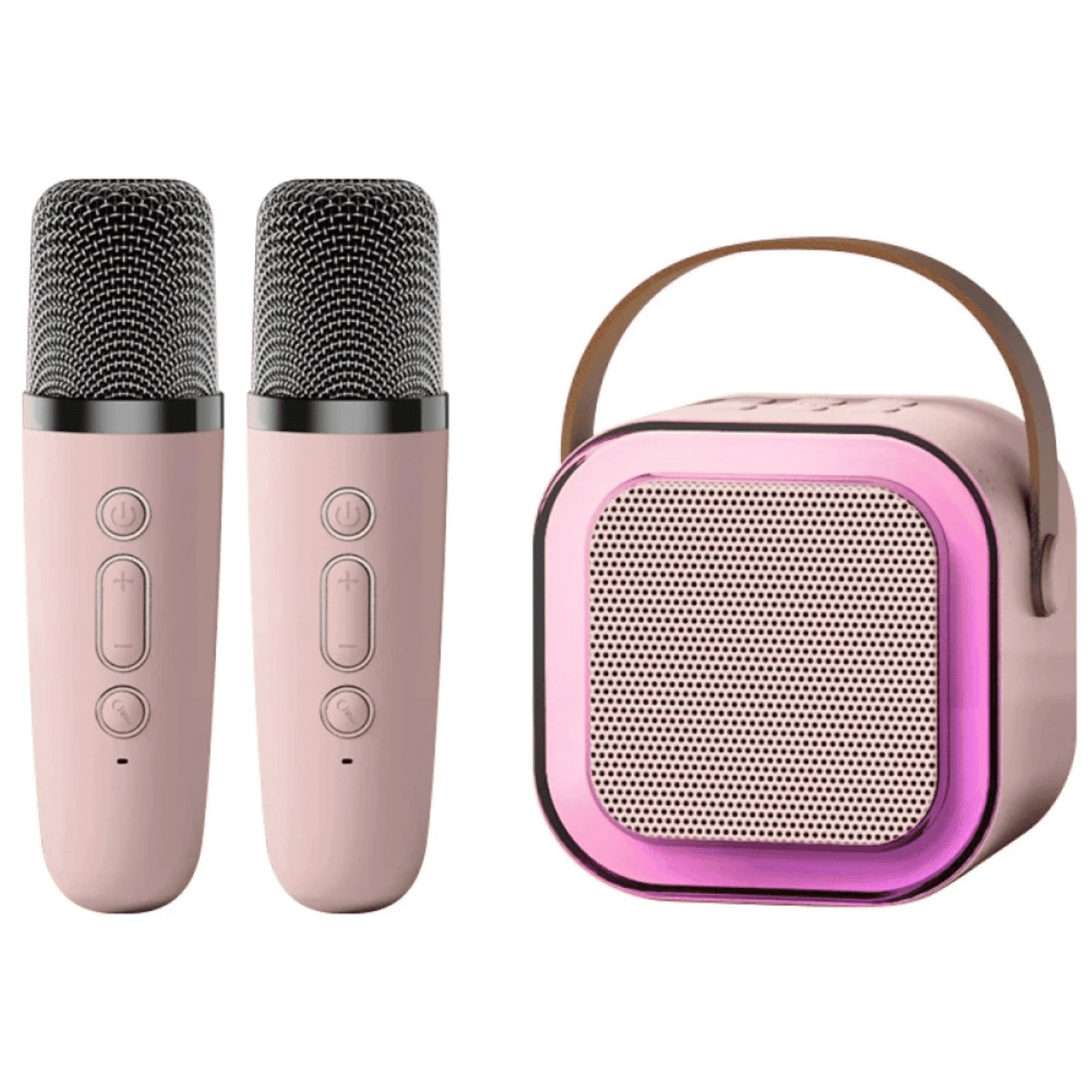Караоке система на аккумуляторе K12 Gaodas с 2 беспроводными микрофонами Bluetooth колонка с LED подсветкой и 5 эффектами смены голоса Розовый