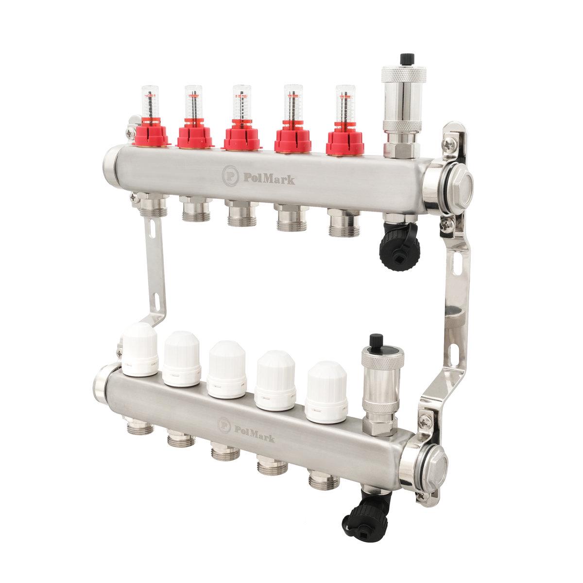 Коллектор Polmark 1x3/4 5 выходов с воздухоотводчиком с расходомерами без евроконусов - фото 1 Коллектор Polmark 1x3/4 5 выходов с воздухоотводчиком с расходомерами без евроконусов - фото 1