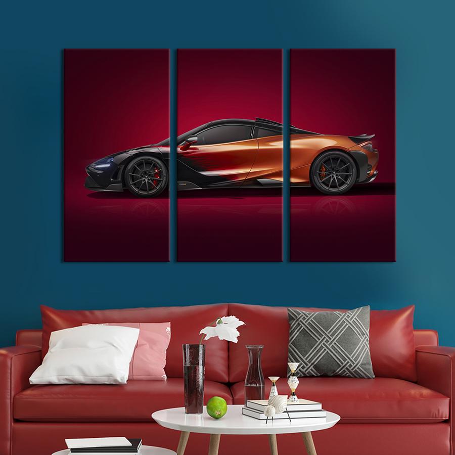 Картина на холсте триптих Авто McLaren 765LT Strata с удивительным окрасом 156x100 см (1377-31)