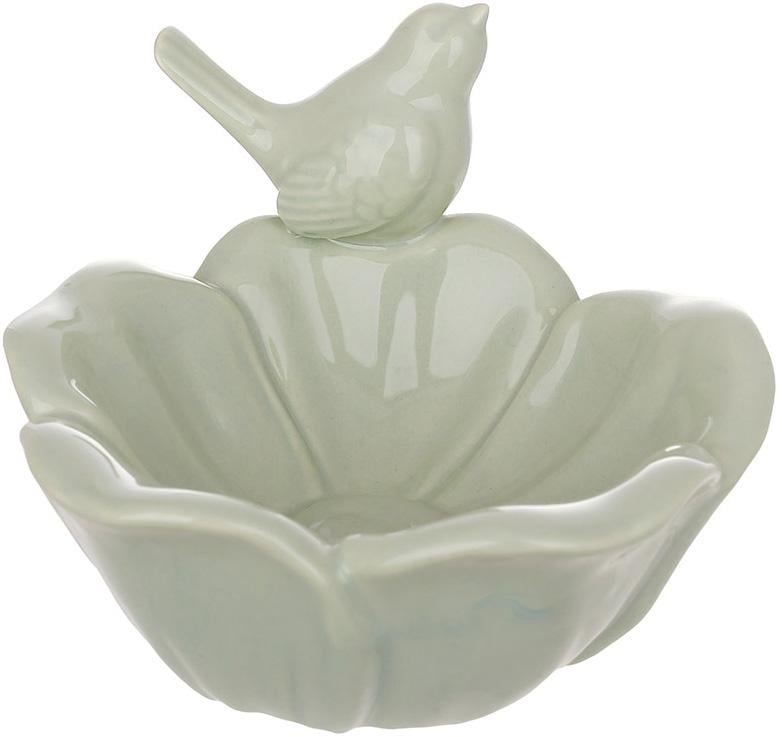 Подставка для украшений фарфоровый цветок с птичкой 12 см. Зеленый