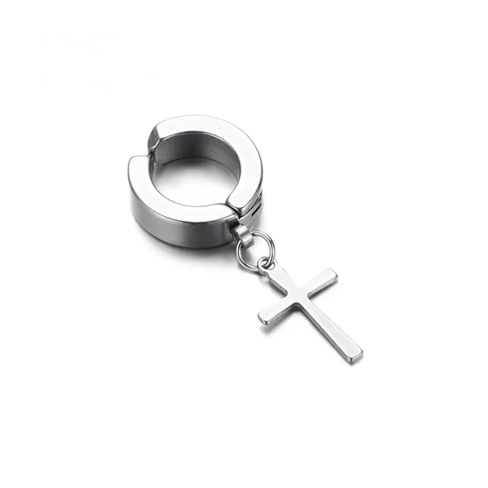 Сережка кліпс чоловіча з хрестом зі сталі 1 шт. Сріблястий (1379718622)