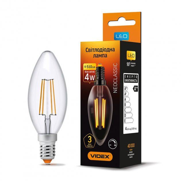 LED лампа VIDEX Filament VL-C37FD-04144 C37FD 4W E14 4100K диммерная (100728)