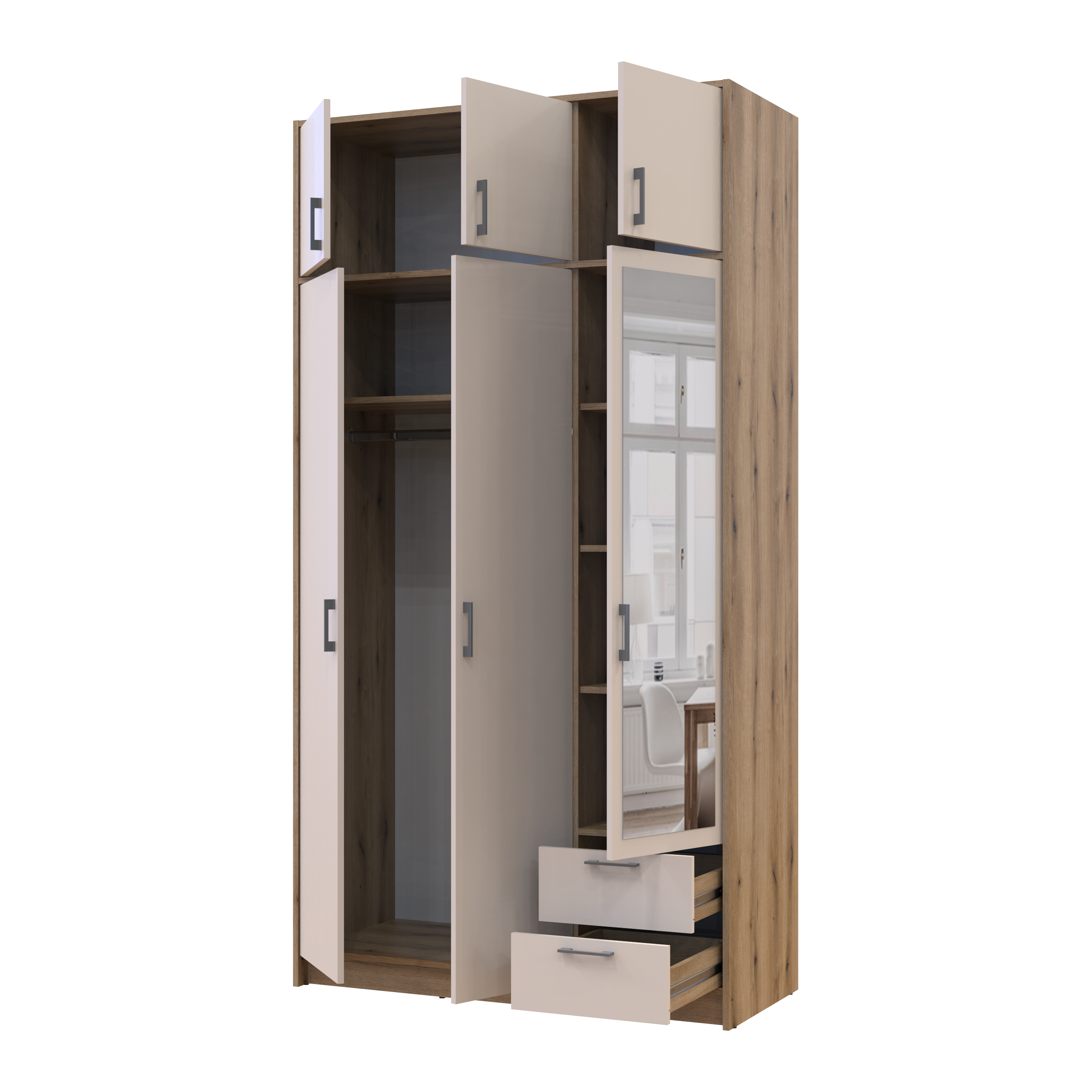 Шкаф для одежды с зеркалом и антресолей Ронди Дуб Артизан/Кашемир 3 ДСП 121х52х236 (80737821)