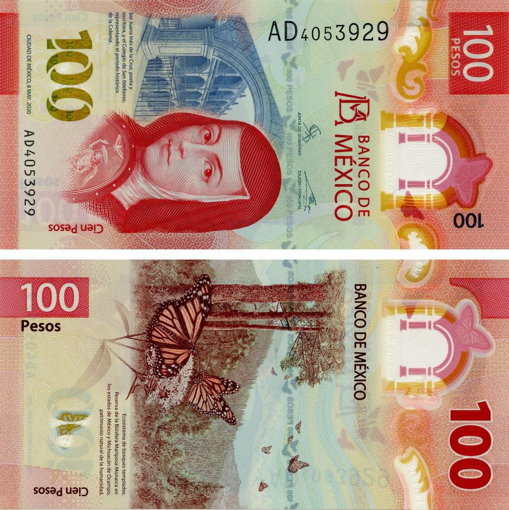 Колекційна банкнота Мексика 100 песо 2020 полімер UNC Метелики PW134 (Б15627)