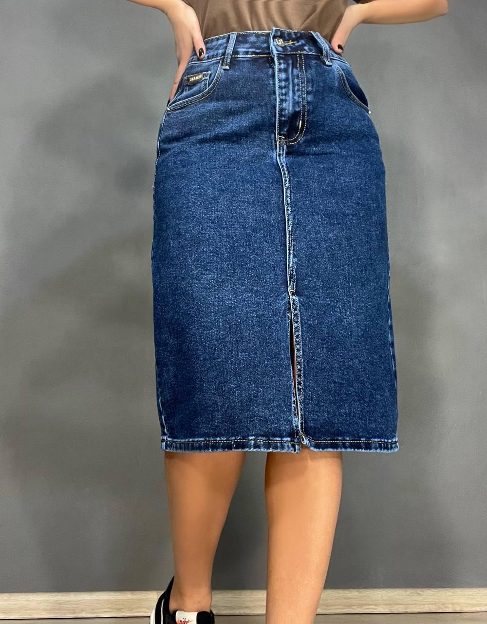 Юбка женская джинсовая Liana 269 большие размеры прямой крой средняя длина стрейчевая разрез впереди р. 31 Темно-синий (3591) - фото 8