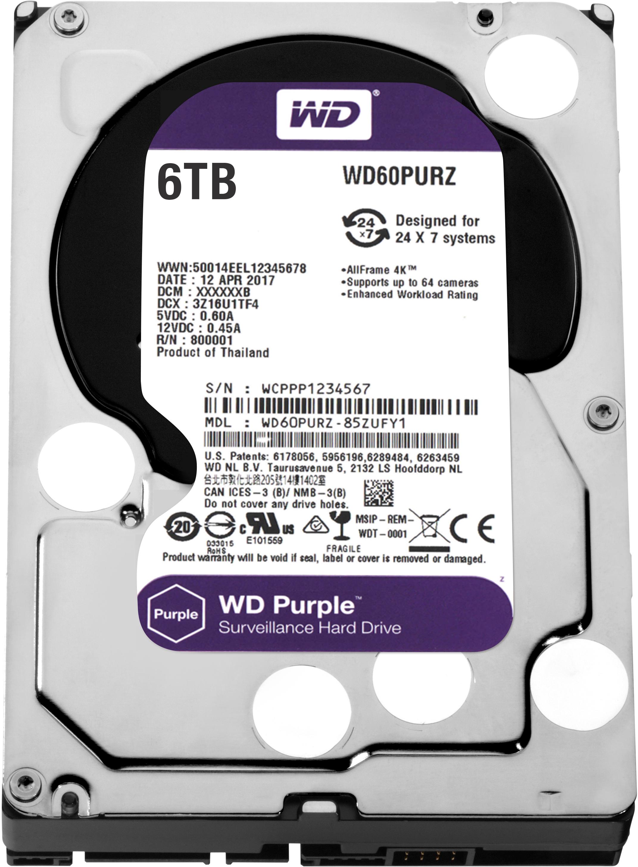 Жесткий диск Western Digital Purple SATA3 64 MB 5400 rpm 3,5" 6 TB (WD60PURZ) - фото 1