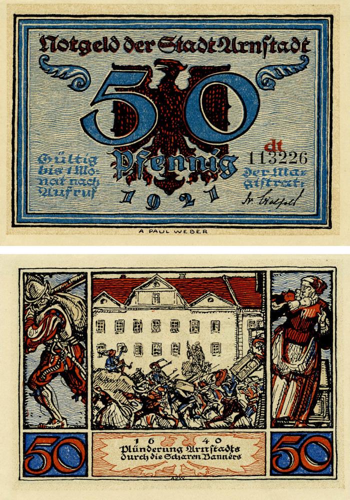 Коллекционная банкнота Германия Нотгельд 50 пфеннигов 1921 F-VF Арнштадт. Разграбление Арнштадта (Б16205)