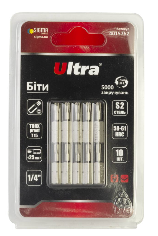 Біти Ultra Torx Proof 15x25 мм 1/4" 10 шт. S2 в блістері (4015762)