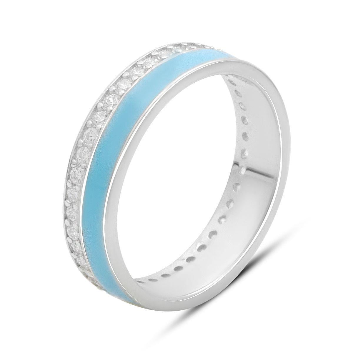 Кольцо серебряное с голубой эмалью и дорожкой прозрачных фианитов р. 18
