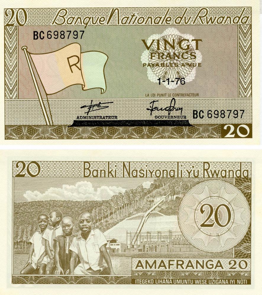 Коллекционная банкнота Руанда 20 франков 1976 AU-UNC P6 (Б12980)