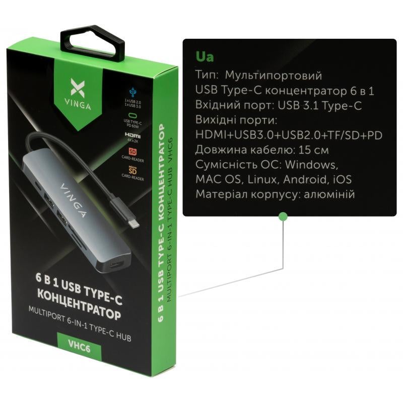 Концентратор USB-хаб Vinga 6в1 USB Type-C 3.1 to HDMI/USB3.0+USB 2.0/SD/microSD+PD (VHC6) - фото 3