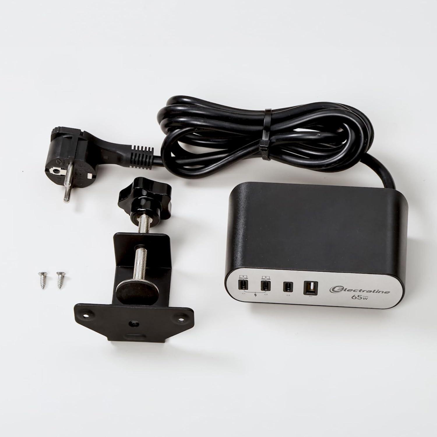 Зарядний блок із фіксатором Electraline Schuko 2 розетки 3хUSB-C PD 65 Вт /1хUSB-A 2 м Алюміній/Чорний - фото 3