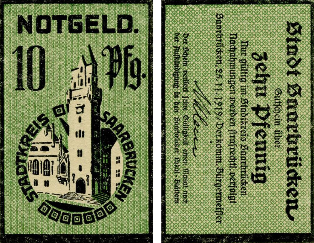 Коллекционная банкнота Германия Нотгельд 10 пфеннигов 1919 F-VF Саарбрюккен (Б18495)
