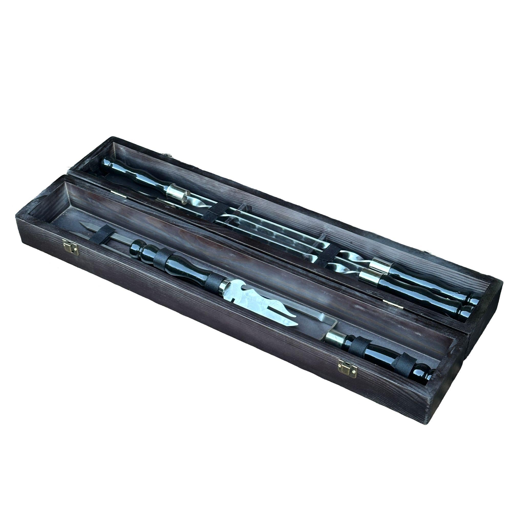 Набор для гриля и барбекю подарочный Mzavod ШашлыКейс в деревянном чемодане на 6 шампуров Черный (147-17-1190110000058)