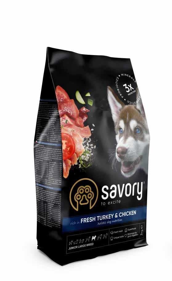 Сухий корм Savory Junior Large rich in Fresh Turkey&Chicken для цуценят великих порід Індичка та курка 12 кг