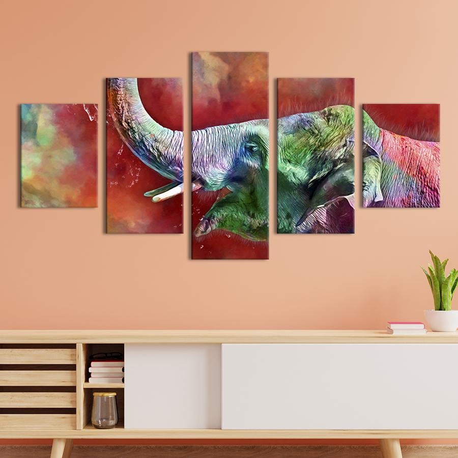 Модульная картина из 5 частей на холсте интерьерная картина Слон на фестивале холи 187x94 см (202-52)