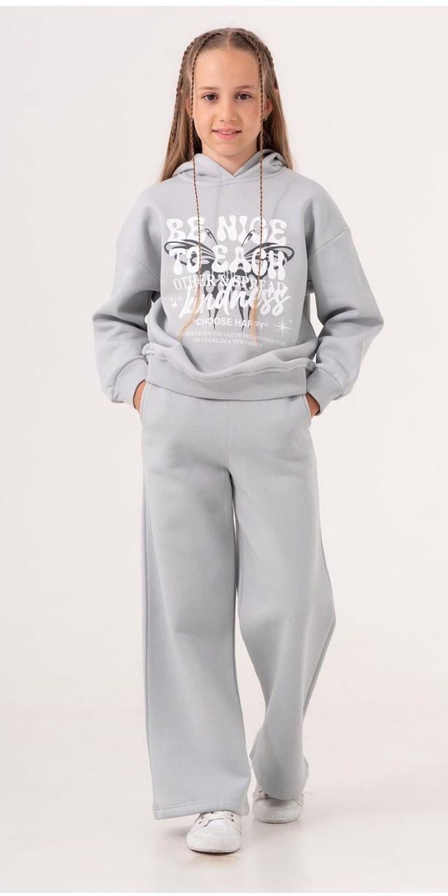 Костюм дитячий худі/широкі штани на флісі 134 см Сірий (06485)