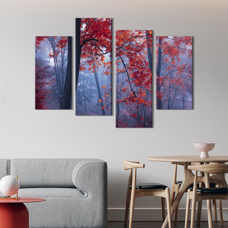 Модульная картина из четырех частей на холсте интерьерная картина Волшебная осень в лесу 89x56 см (582-42)