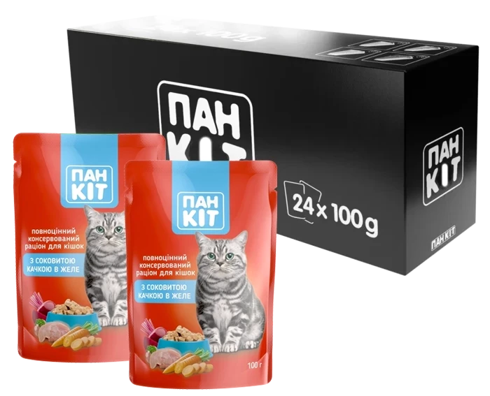 Влажный корм для взрослых кошек Пан Кот с сочной уткой в желе 24 шт. по 100 г
