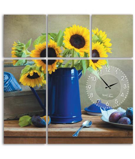 Часы настенные Подсолнечник на холсте из 5 секций