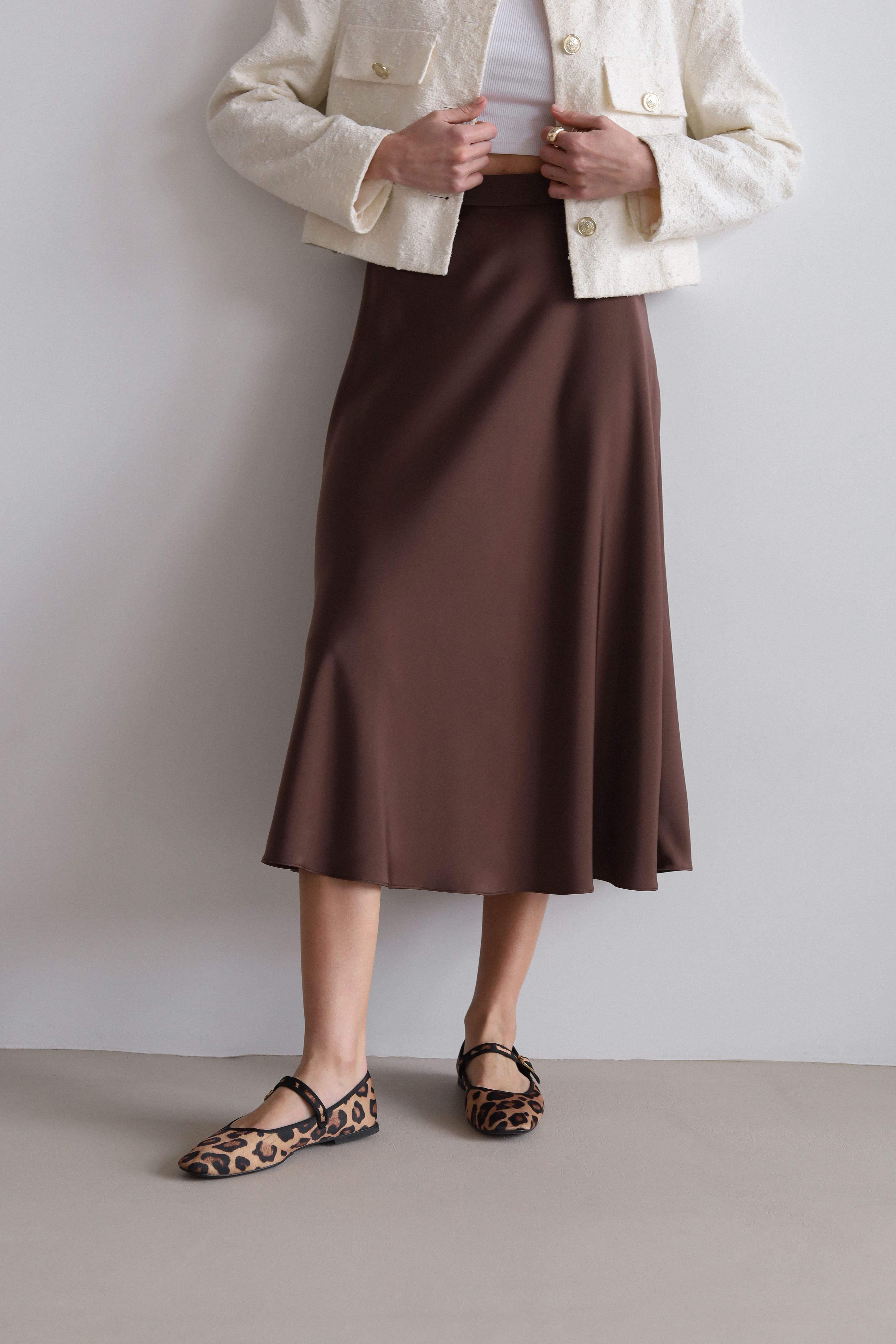 Спідниця-трапеція міді Дика Спідниця сатинова XL Шоколадний (5014)