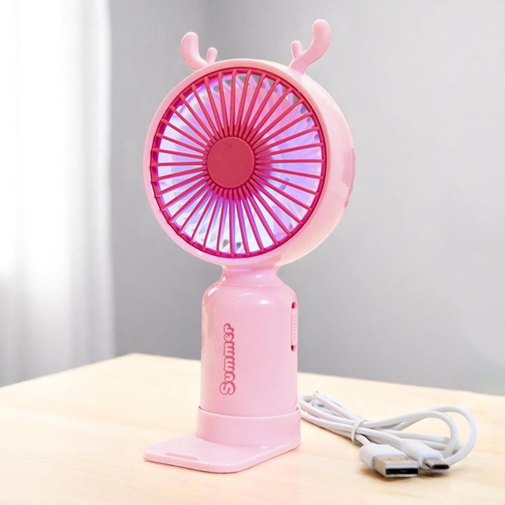 Портативный вентилятор с рожками Олень на аккумуляторе и USB Розовый