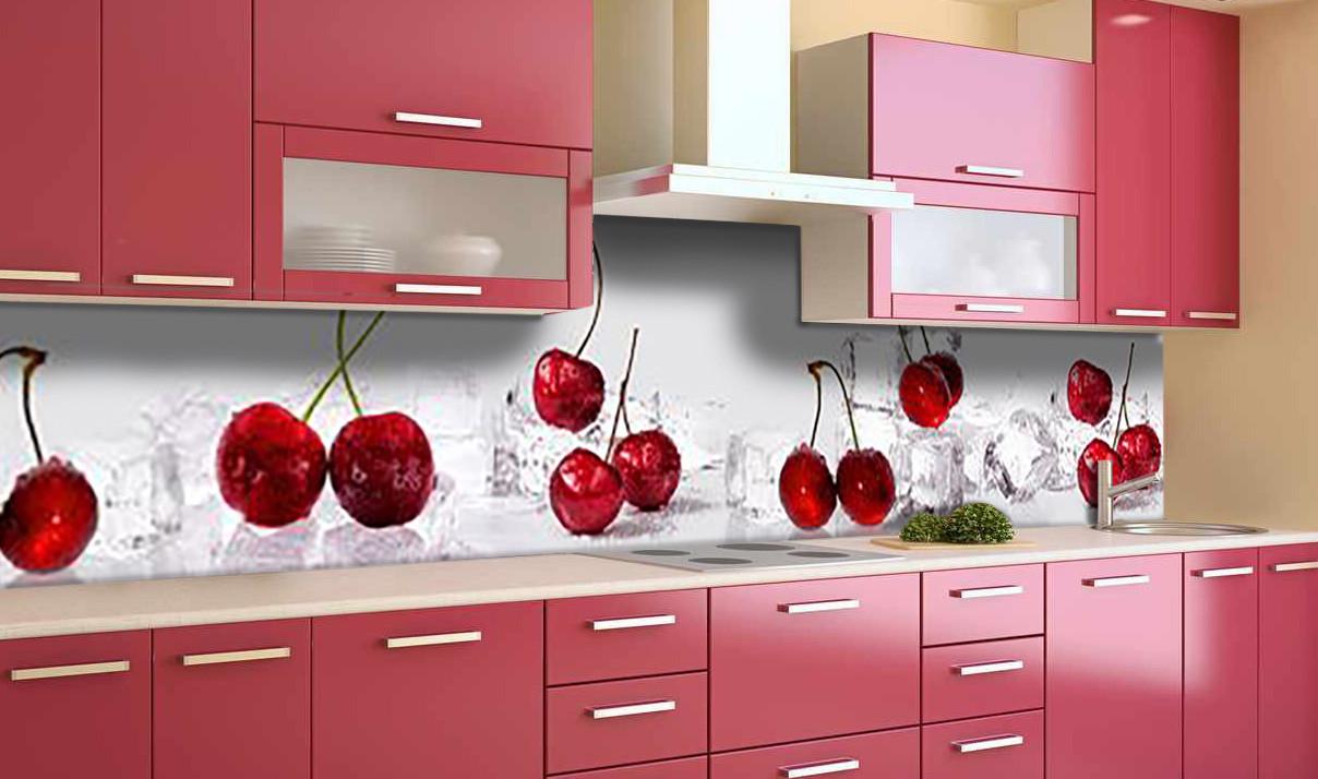 Кухонный фартук Красные черешни лед ягоды из самоклеющейся виниловой пленки 60х250 см Белый