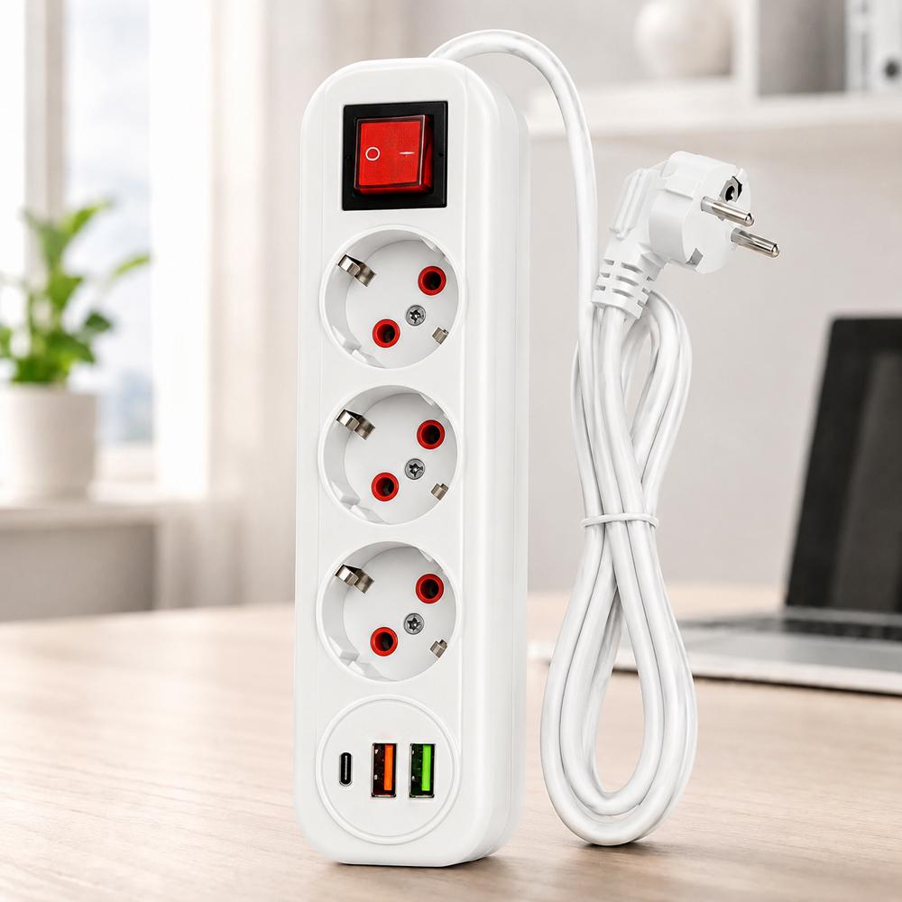 Сетевой фильтр на 3 розетки 3 м 2 USB+1 Type-C с выключателем Белый