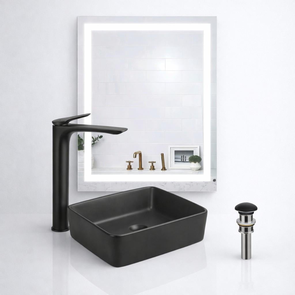 Комплект для ванной Qtap раковина Tern Anthracite 480х370 мм и LED-зеркало Mideya 500х800 мм и высокий смеситель Vlasta New