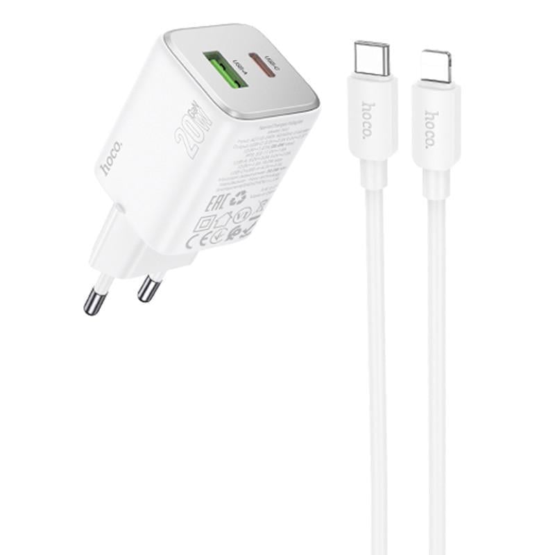 Зарядний пристрій мережевий Hoco N41 Almighty PD20W/QC3.0 1USB-A/1C з кабелем Type-C to Lightning White (00000071103_2)