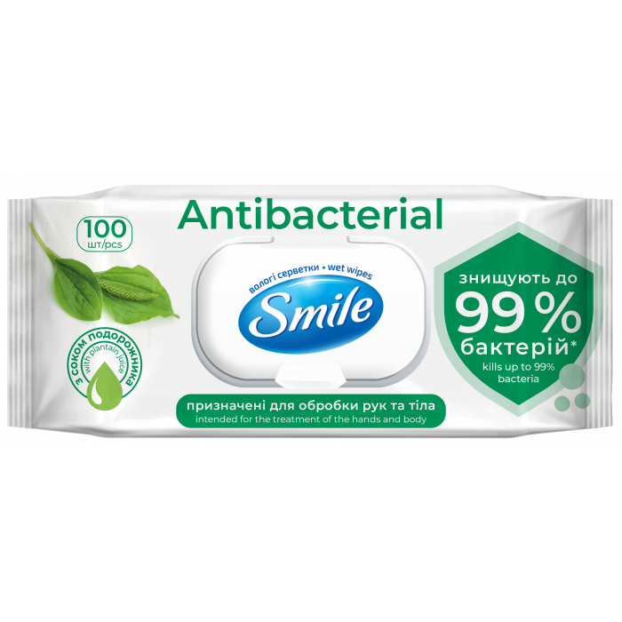 Вологі серветки Smile Antibacterial з подорожником з клапаном 100 шт. (2313764680)