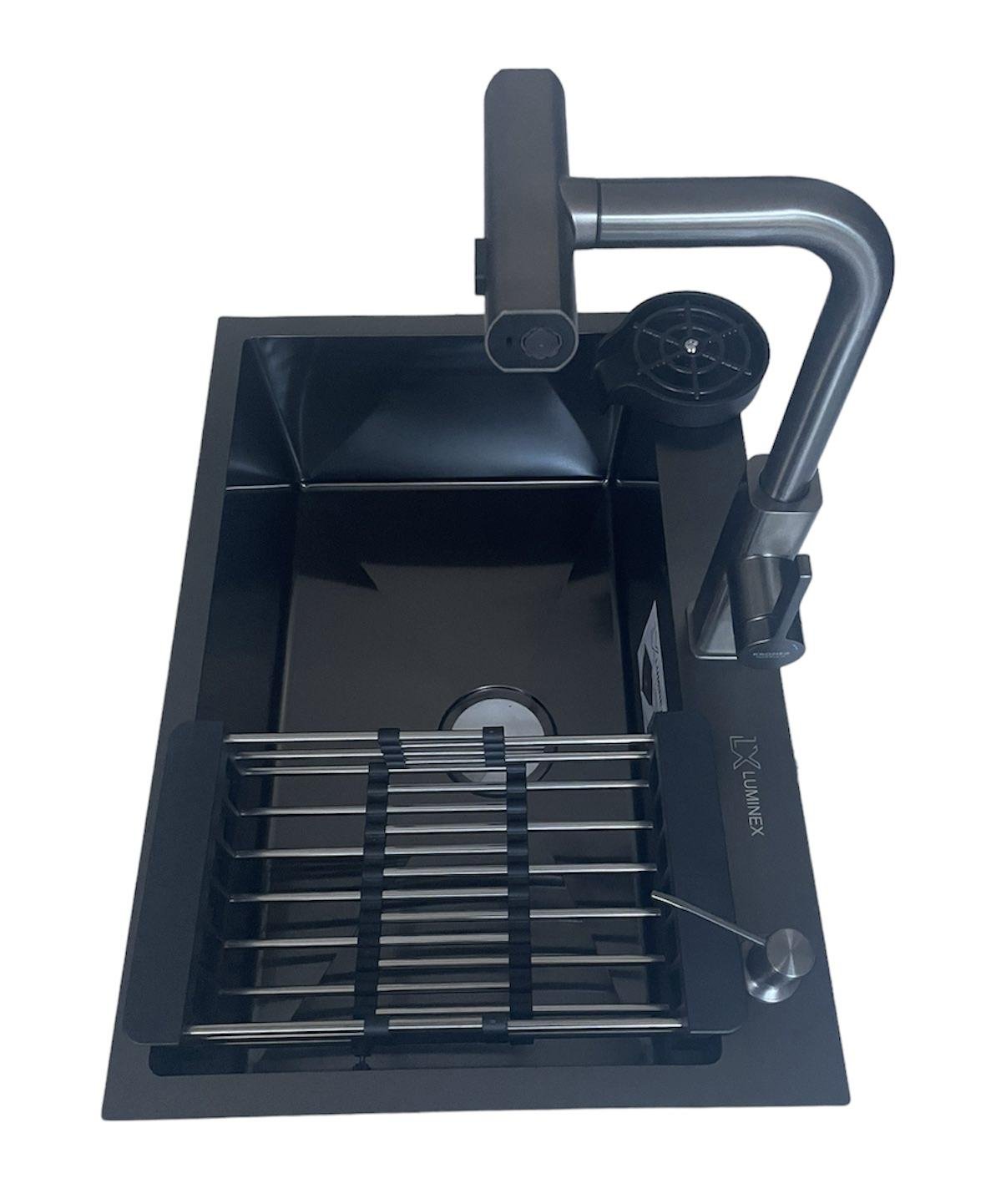 Мойка для кухни Luminex 6045 Черный/кран с выдвижным изливом Kroner PVD03918/ополаскиватель для стаканов