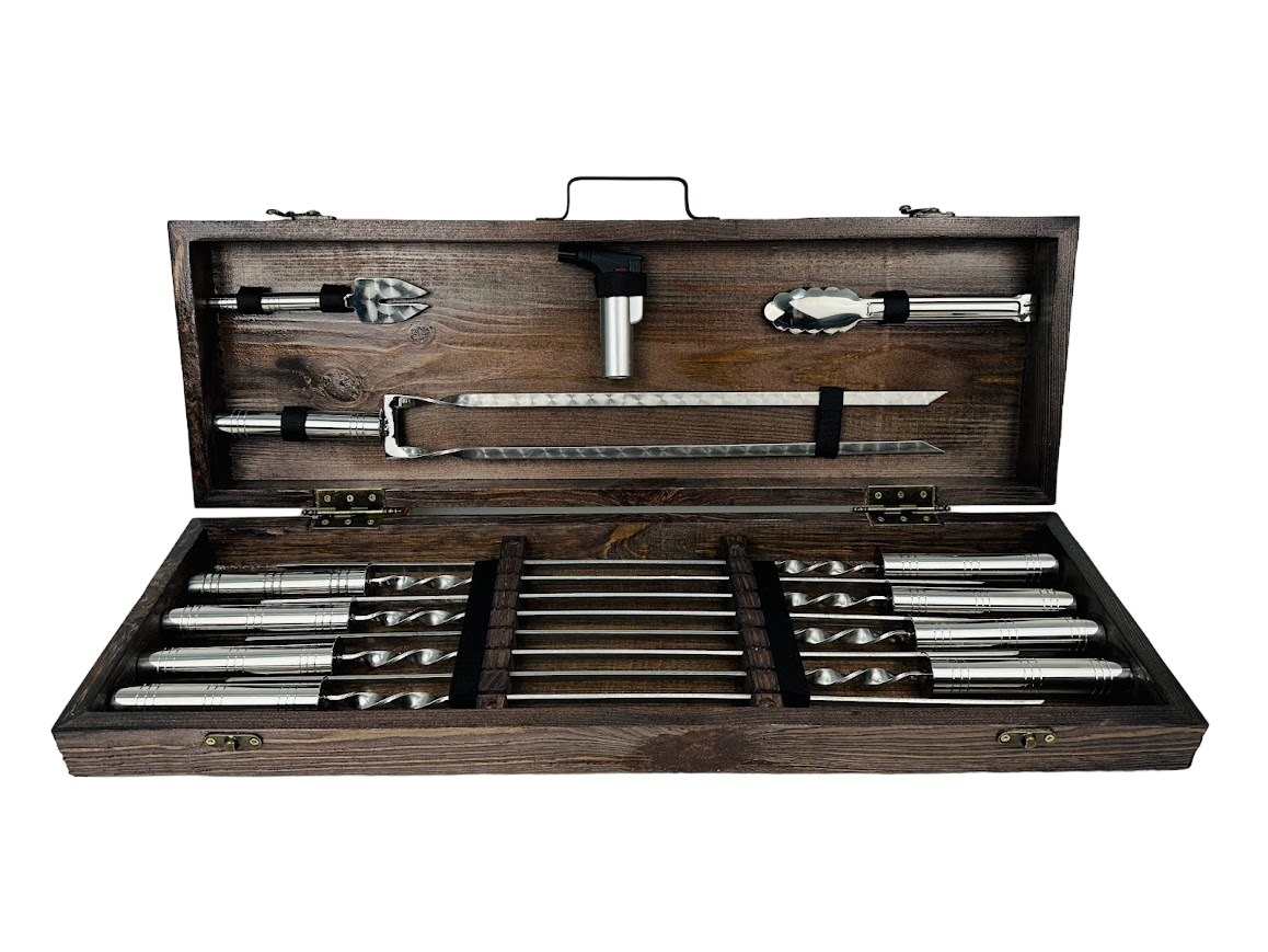 Набір шампурів подарунковий Срібло-2 у дерев'яному кейсі на 12 предметів (106-10-KS-7616)