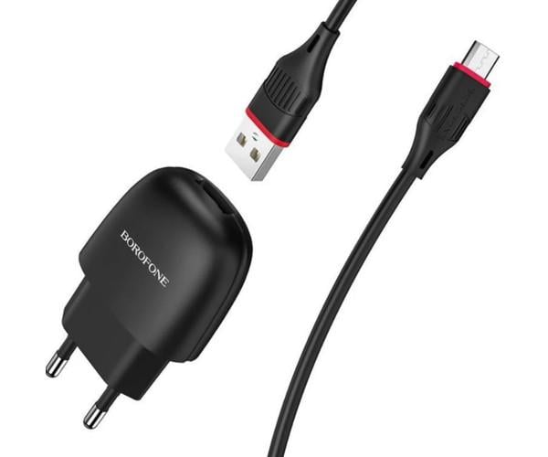 Пристрій мережевий зарядний Borofone BA49A кабель microUSB 2,1A 1 м Чорний