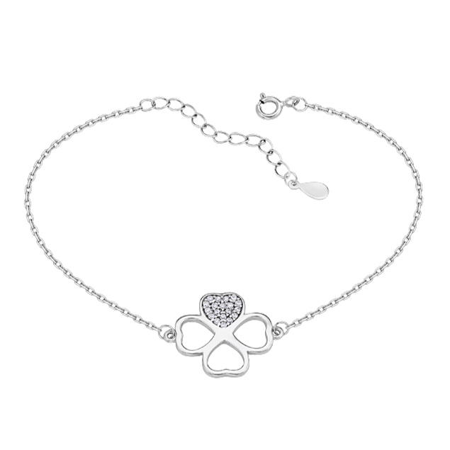 Браслет серебряный Клевер на тонкой цепочке с белыми фианитами