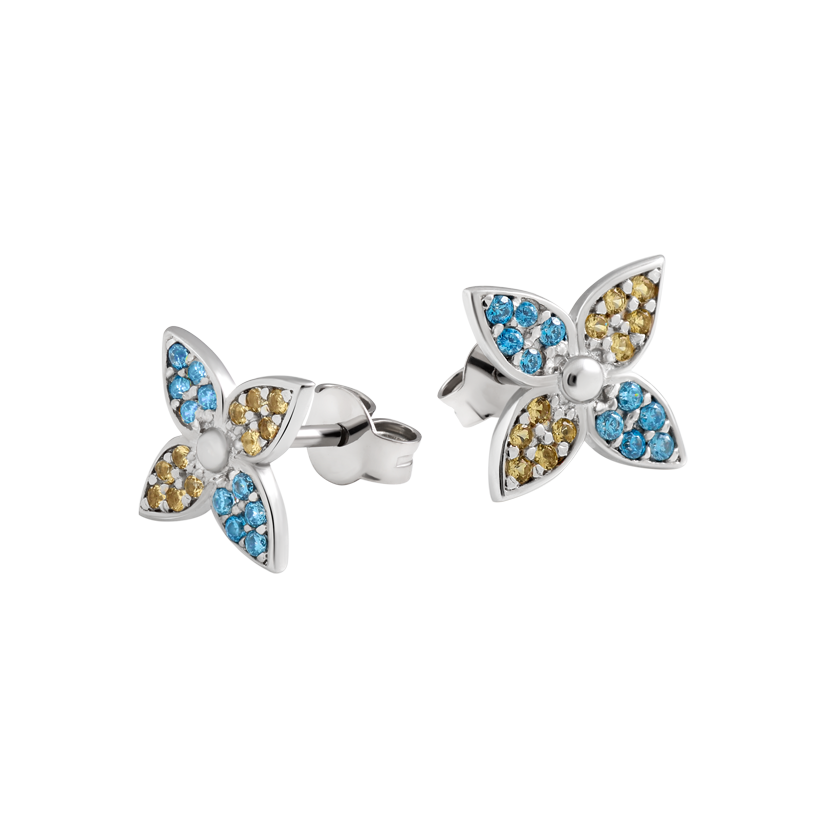 Серьги-пусеты серебряные Цветочки с синими и желтыми фианитами