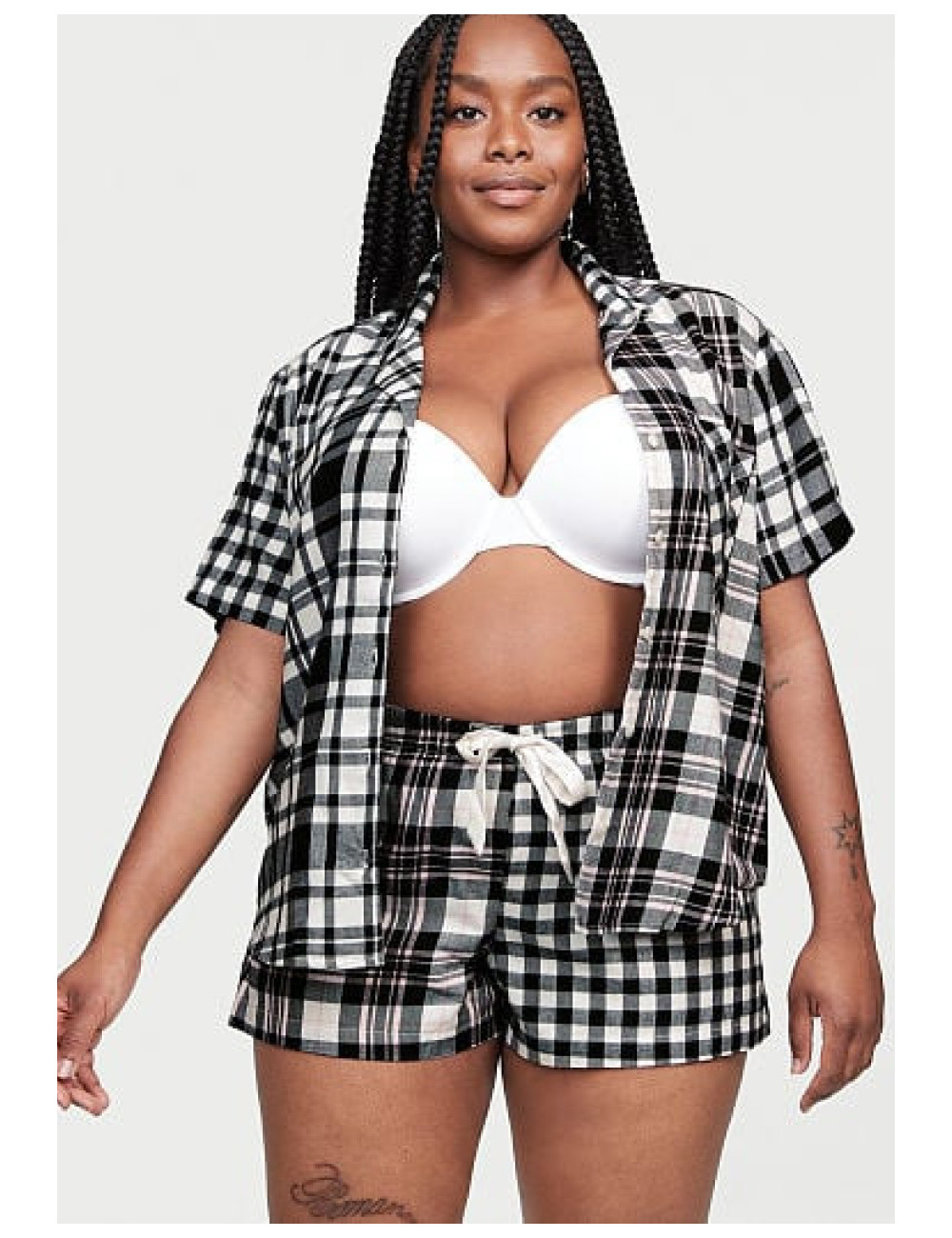 Піжама жіноча Victoria's Secret Flannel Short Pajama Set фланелева у клітинку М Чорно-білий (15338916)